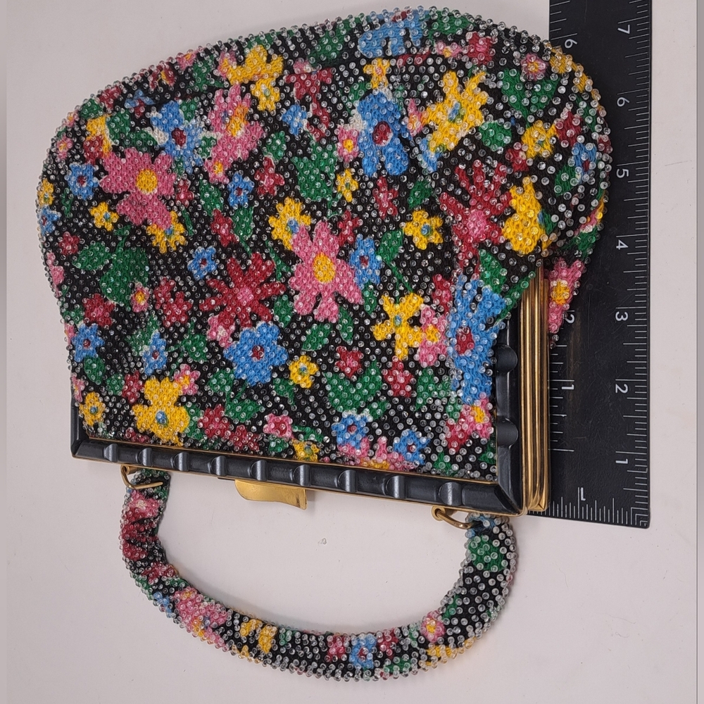 Vintage Beaded Purse Colorful Floral Flowers 80s 90s Hand Bag Satchel - Picture 6 of 11